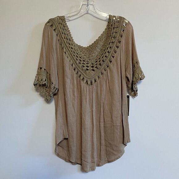 My Emblem Young Contemporary Macrame Crochet Taupe‎ Brown Tunic Blouse M NWT - Picture 3 of 12